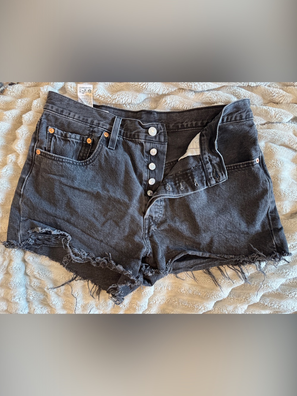 Levi's Black Distressed High-Rise Denim Shorts with Button Fly